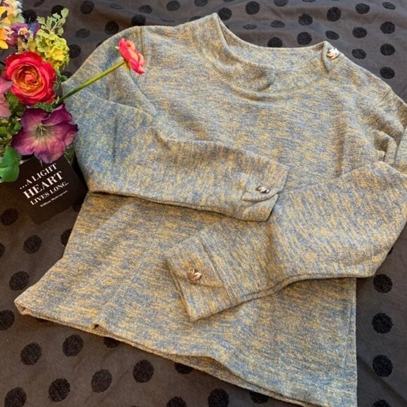 Green Brand Recycled Knit Top Blue Yellow Leaf Button Boho - Picture 6 of 12